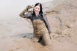 Leather Jeans Mudbath view details of set gm-2m60, Rosemary wears real leather jeans in the mud