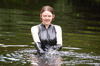 PVC and Boots in the River! view details of set gm-2w61, Chastity takes an outdoor catsuit bath