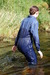 Chastity soaks a Denim Jumpsuit view details of set gm-2w63, Our head gardener takes to the river in a blue denim jumpsuit and union jack wellies