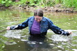 Long denim skirt-soaking! view details of set gm-2w90, Chastity takes a dip in the river while dressed in denim